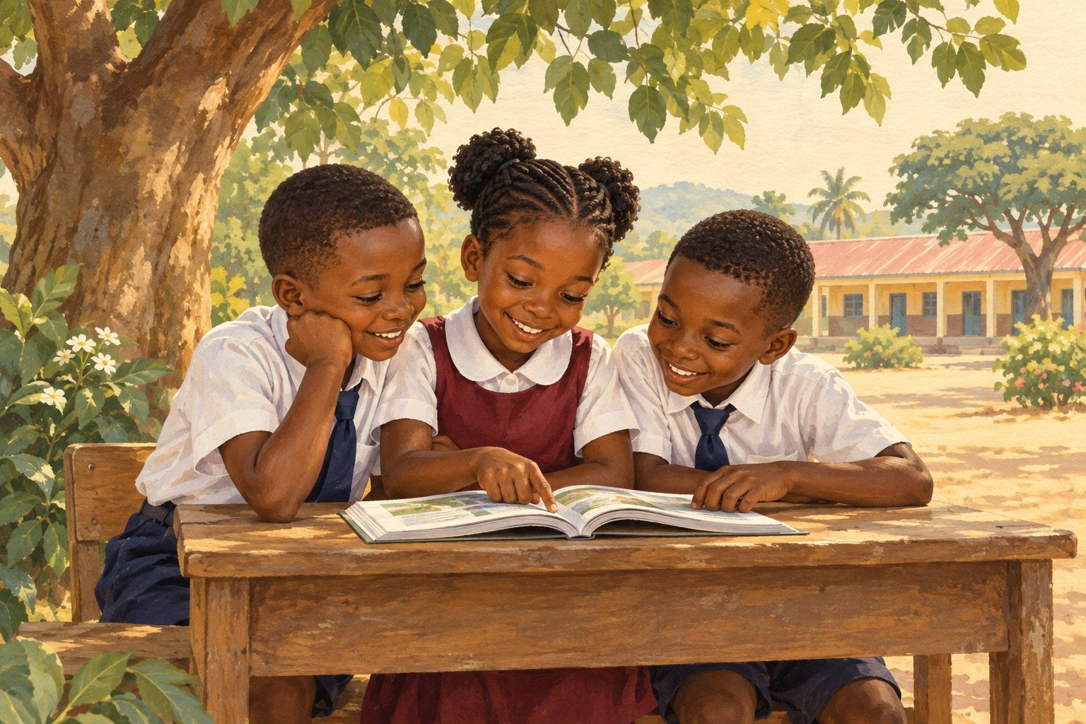Illustration of children enjoying a book together under a leafy tree